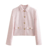 Woolen Plaid Lon Sleeved Coat Row Buckle Cardigan Turn down Collar Coat